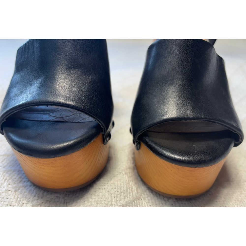 Black Leather Platform Sandals with Wooden Heel - Picture 3 of 9